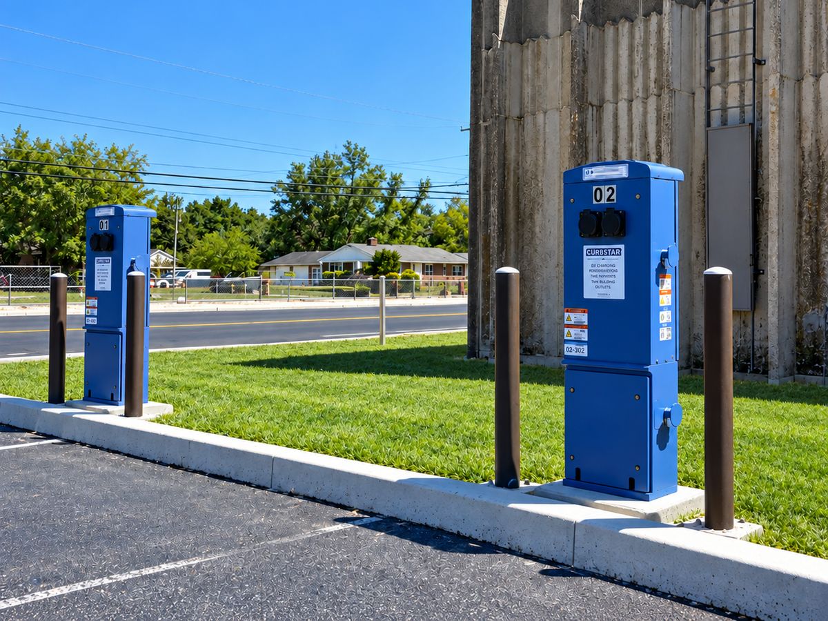 Two Curbstar pedestals behind bollards at a Nylon Capital property
